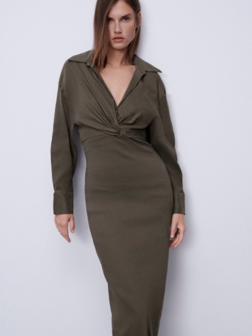 ZARA Olive Twist-Front Shirt Dress S